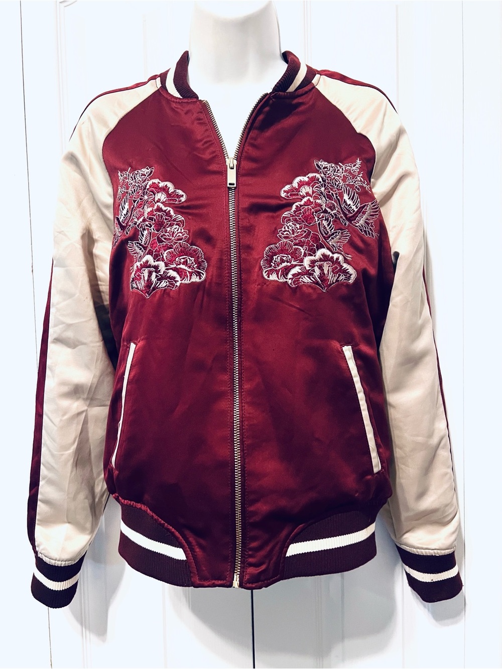 Forever 21 Maroon and Beige Embroidered Satin Bomber/Varsity Jacket-Med.-School